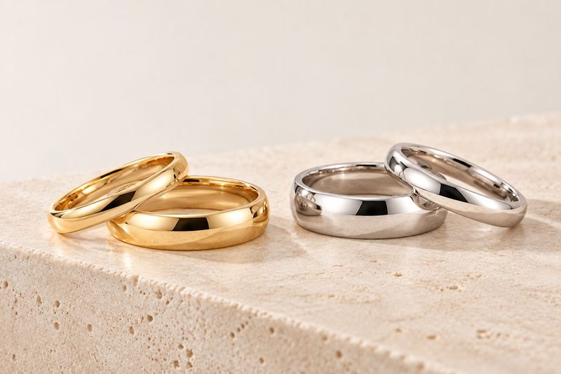alliances polies en or jaune et en or blanc de différentes largeurs