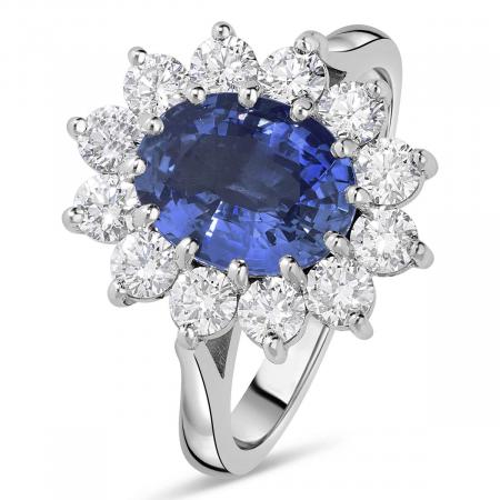 Bague De Fiançailles Saphir Bleu Et Diamants Simulés - Or Blanc Plaqué 14K - Taille Ajustable